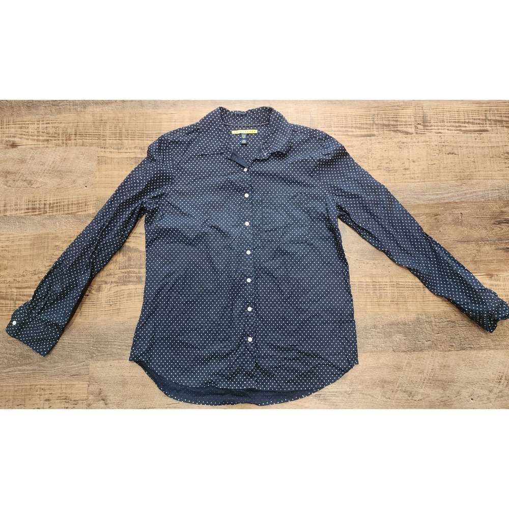 Prince & Fox Womens Large Dark Blue With White Dots Button Up Dress Shirt